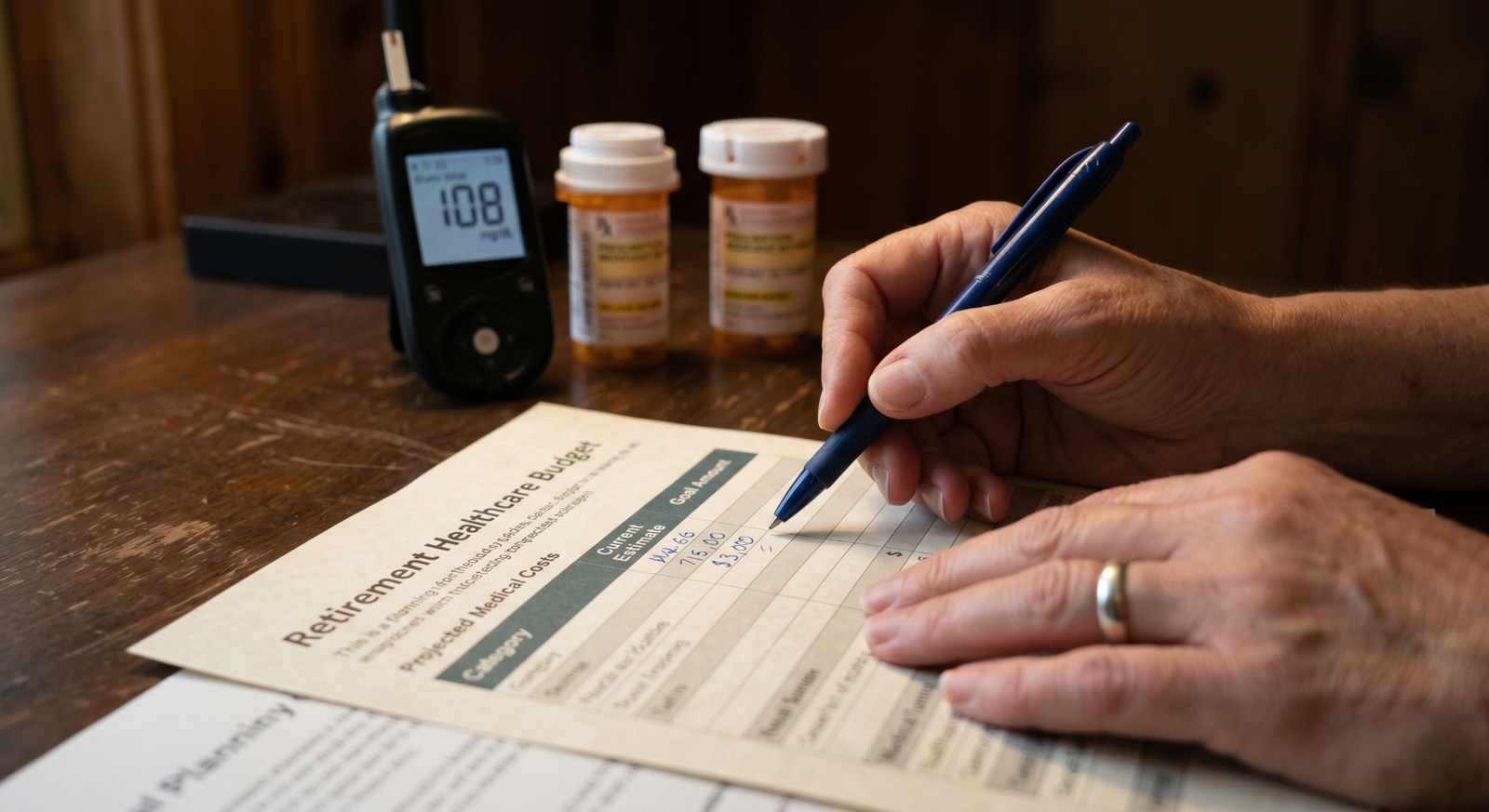 Hands writing a financial plan with diabetes medication visible in background representing the hidden cost of chronic disease.