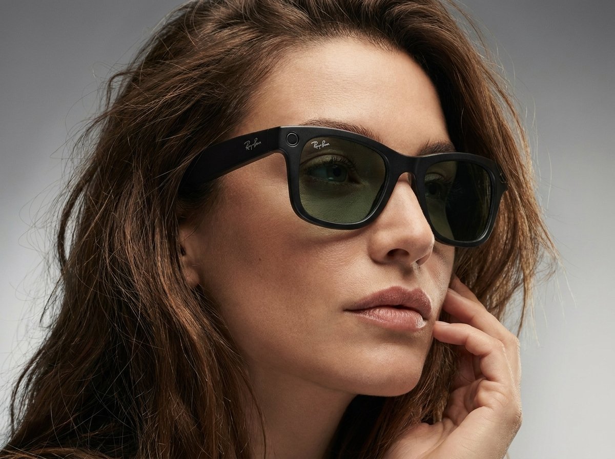 A woman wearing Ray-Ban AI powered glasses.