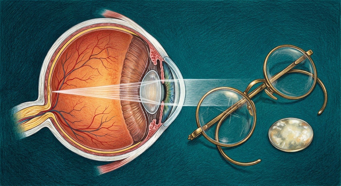 Eye cross-section beside glasses and a clouded lens, illustrating avoidable vision loss.